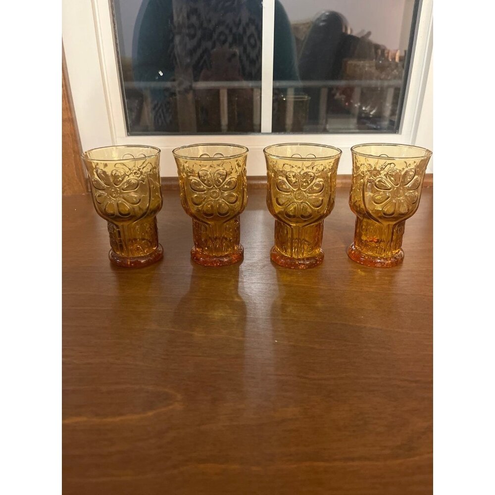 Libbey Country Garden Daisy Amber Gold 5" Glass Tumblers 12oz.